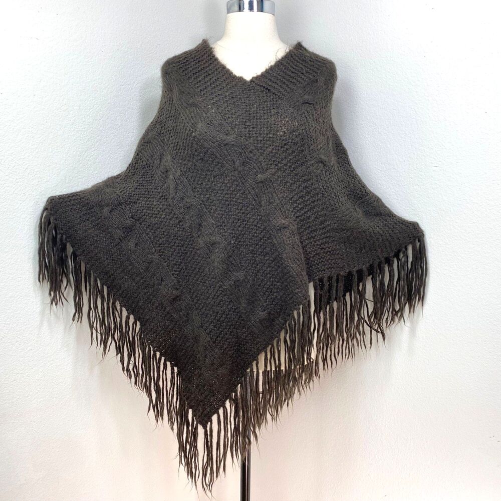 Banana Republic Angora Lamswool Brown Cable Knit Poncho S/M Fringe Boho Gypsy